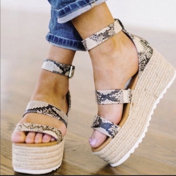 Shoes - Strappy Snakeskin Platform Espadrilles
